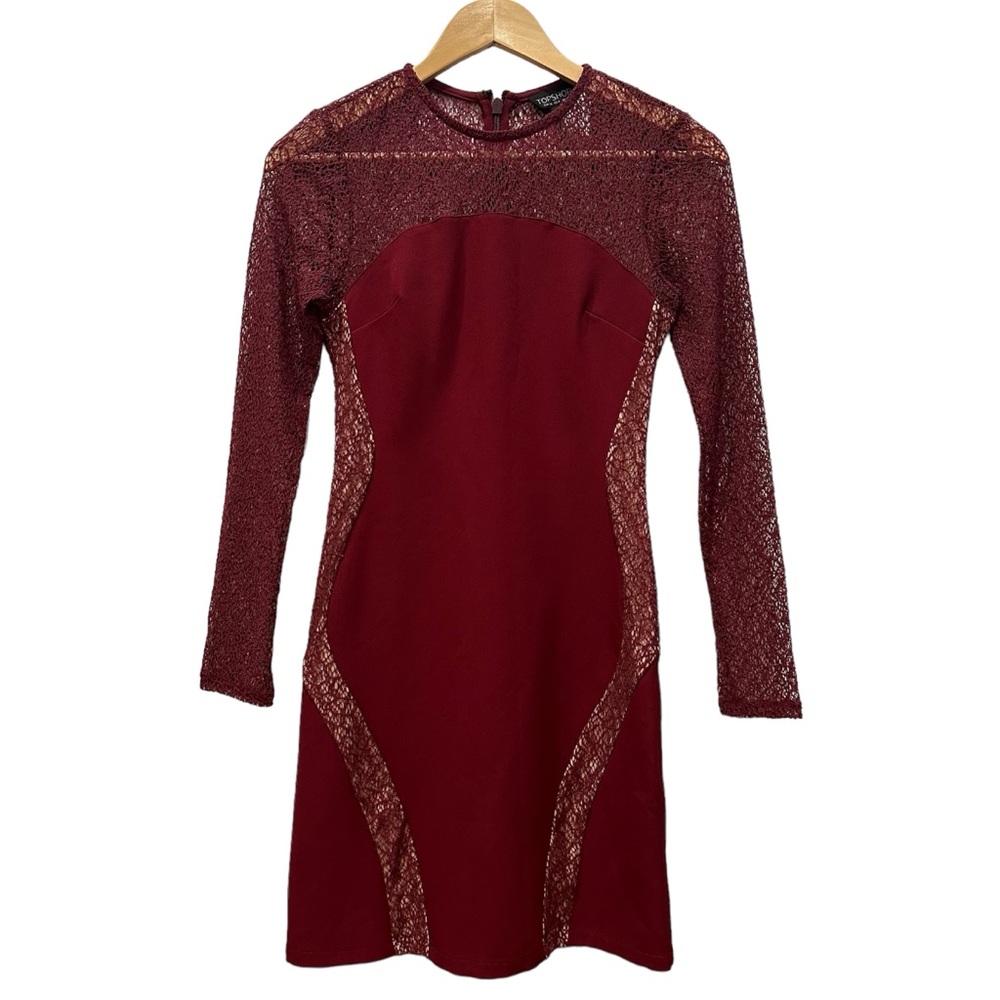 Topshop Burgundy Long Sleeve Lace Bodycon Mini Dress